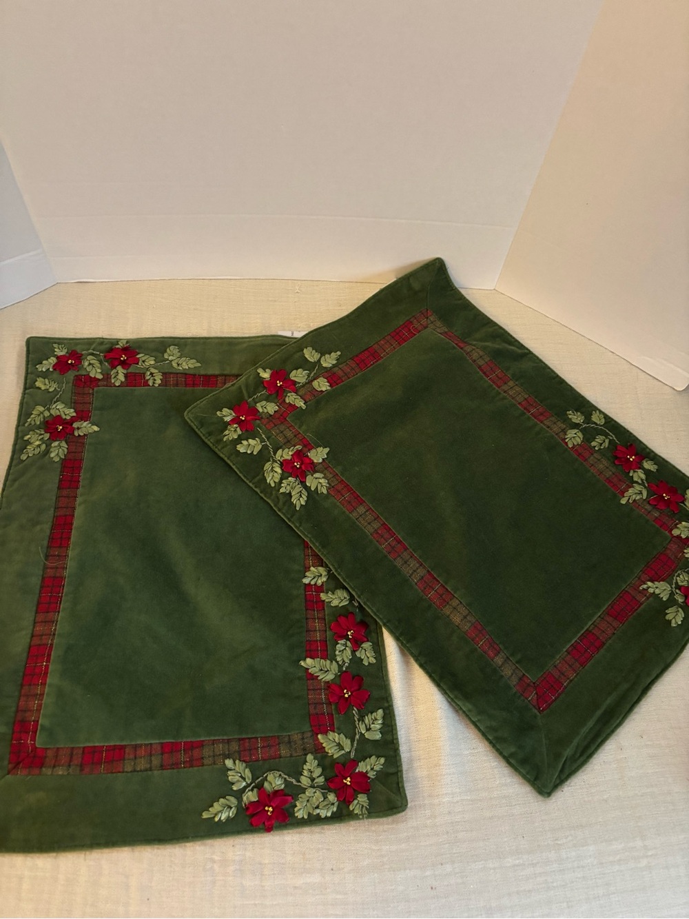 St. Nicholas Square Green Velvet Placemats with Red Floral Embroidery